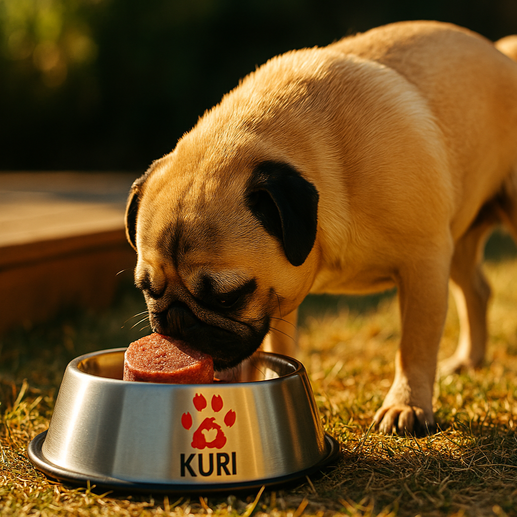 Dog eating from a KURI bowl outdoors